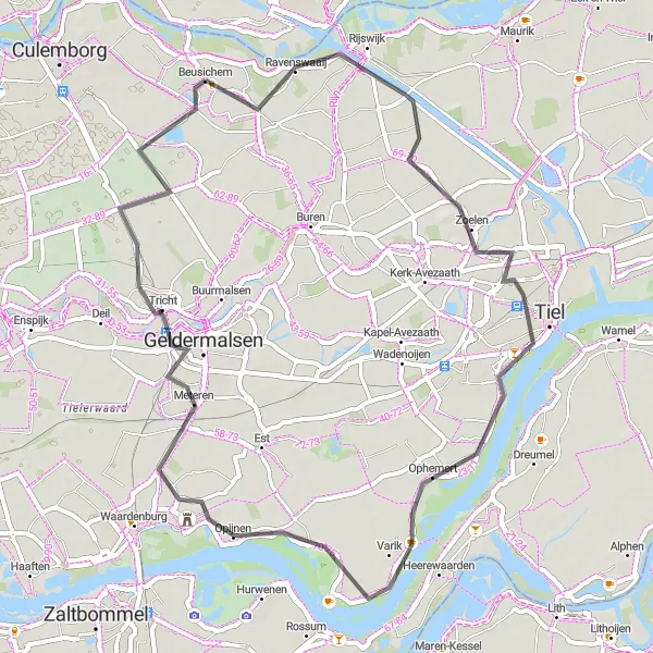Miniatuurkaart van de fietsinspiratie "Langs de Waal en de Linge" in Gelderland, Netherlands. Gemaakt door de Tarmacs.app fietsrouteplanner