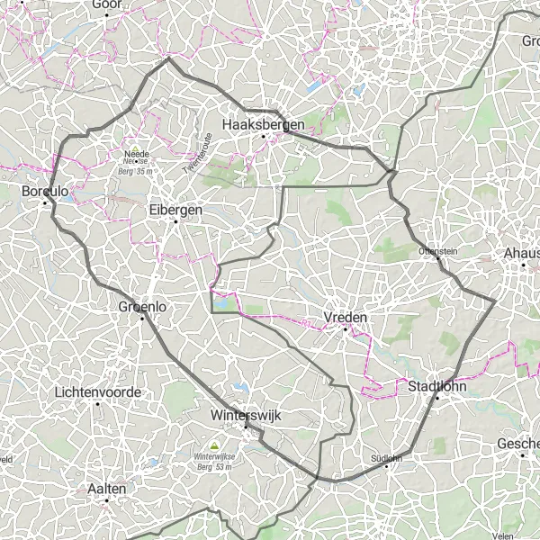 Map miniature of "The Old Towns and Nature Route" cycling inspiration in Gelderland, Netherlands. Generated by Tarmacs.app cycling route planner