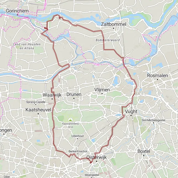 Miniatuurkaart van de fietsinspiratie "Gravelroute vanuit Brakel naar Genderen en terug" in Gelderland, Netherlands. Gemaakt door de Tarmacs.app fietsrouteplanner