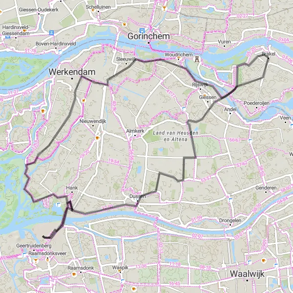 Miniatuurkaart van de fietsinspiratie "Wegroute vanuit Brakel naar Sleeuwijk en terug" in Gelderland, Netherlands. Gemaakt door de Tarmacs.app fietsrouteplanner