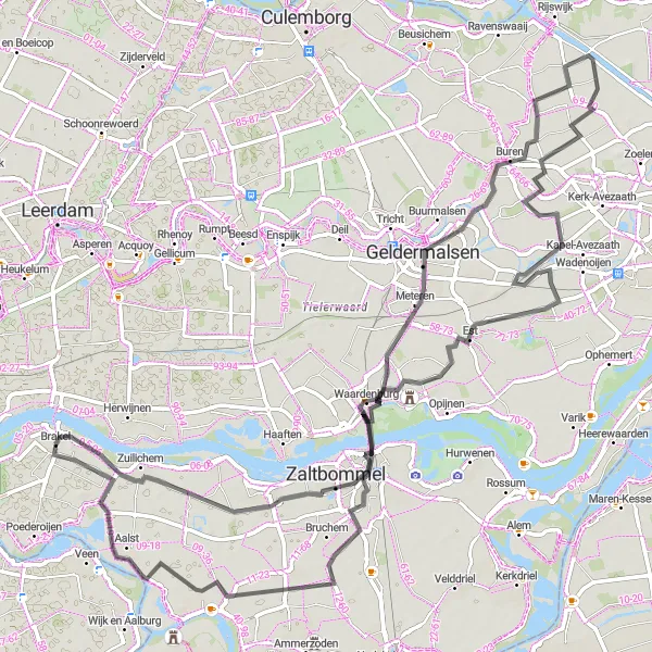 Map miniature of "Gem of the Betuwe" cycling inspiration in Gelderland, Netherlands. Generated by Tarmacs.app cycling route planner