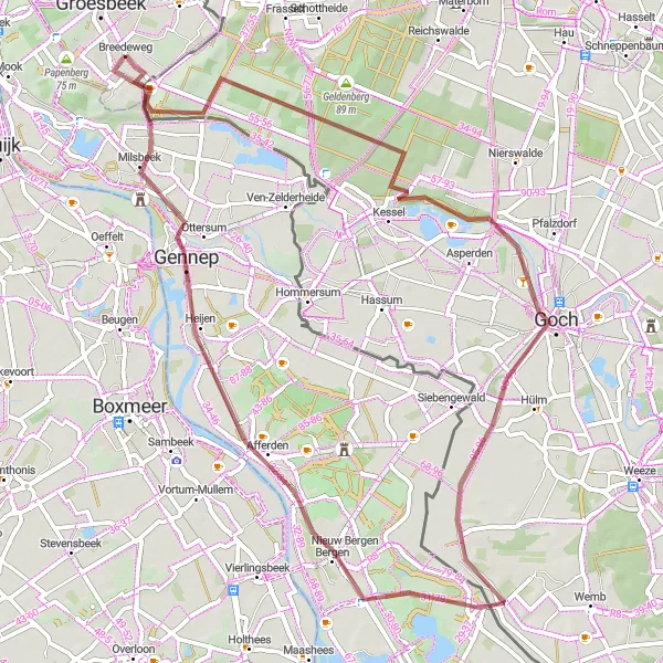 Miniatuurkaart van de fietsinspiratie "Ontdekkingstocht door Kessel en Gennep" in Gelderland, Netherlands. Gemaakt door de Tarmacs.app fietsrouteplanner