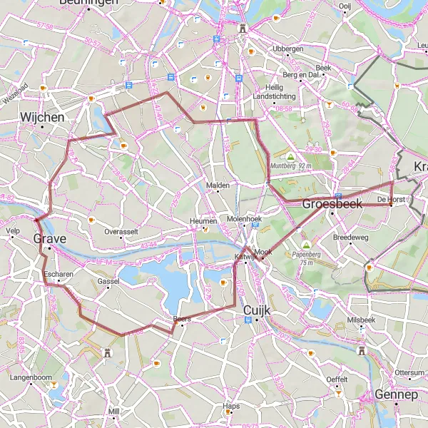 Miniatuurkaart van de fietsinspiratie "Groesbeek Nederasselt Gravel Route" in Gelderland, Netherlands. Gemaakt door de Tarmacs.app fietsrouteplanner