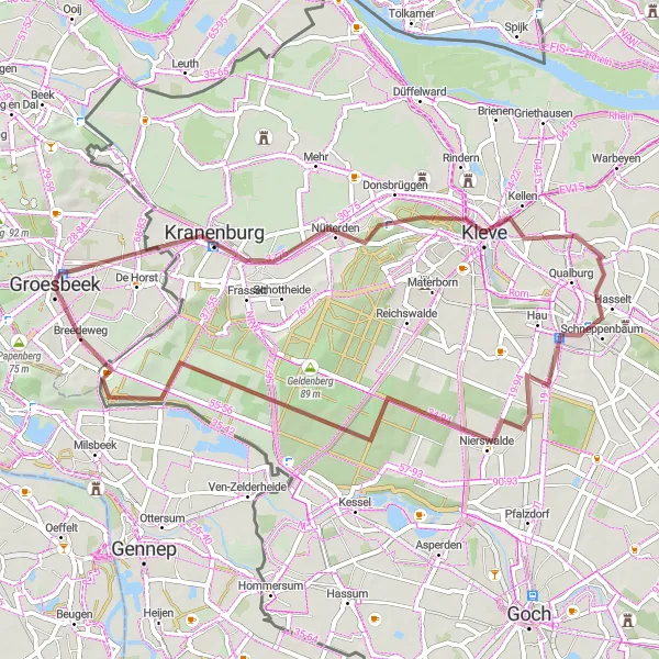 Miniatuurkaart van de fietsinspiratie "Avontuurlijke tocht langs Klever Berg en Nierswalde" in Gelderland, Netherlands. Gemaakt door de Tarmacs.app fietsrouteplanner