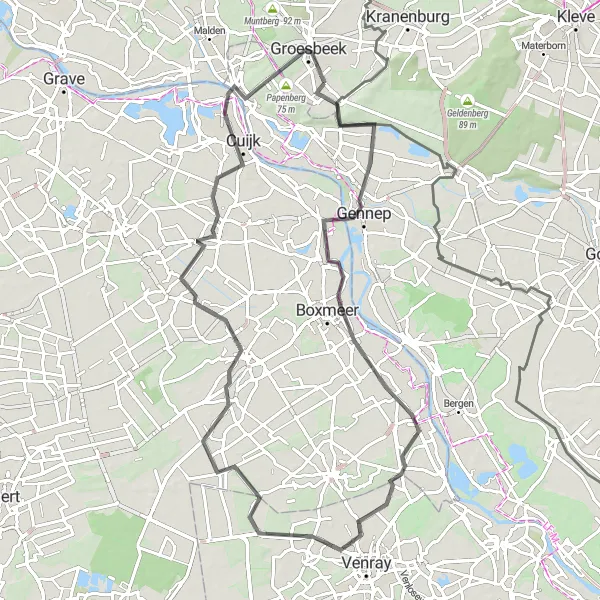 Map miniature of "Scenic Road Cycling in Gelderland" cycling inspiration in Gelderland, Netherlands. Generated by Tarmacs.app cycling route planner
