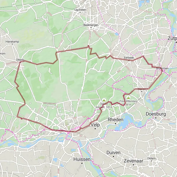 Miniatuurkaart van de fietsinspiratie "Gravelroute Dieren - Rhienderen via Otterlo" in Gelderland, Netherlands. Gemaakt door de Tarmacs.app fietsrouteplanner