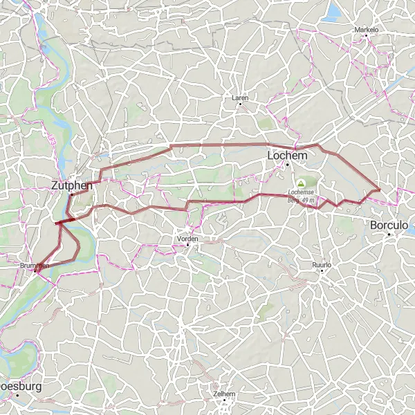 Map miniature of "Gravel Tour of Betuwe" cycling inspiration in Gelderland, Netherlands. Generated by Tarmacs.app cycling route planner