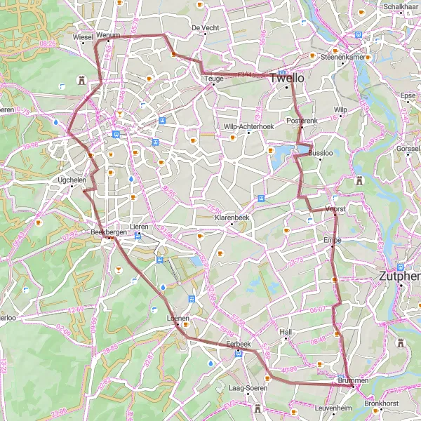 Map miniature of "The Gravel Escapade" cycling inspiration in Gelderland, Netherlands. Generated by Tarmacs.app cycling route planner