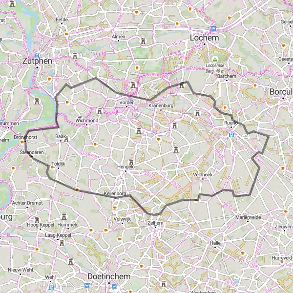 Map miniature of "The Road to Ruurlo" cycling inspiration in Gelderland, Netherlands. Generated by Tarmacs.app cycling route planner