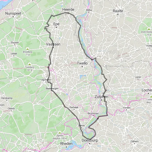 Miniatuurkaart van de fietsinspiratie "Lange wegfietsroute naar Zutphen" in Gelderland, Netherlands. Gemaakt door de Tarmacs.app fietsrouteplanner