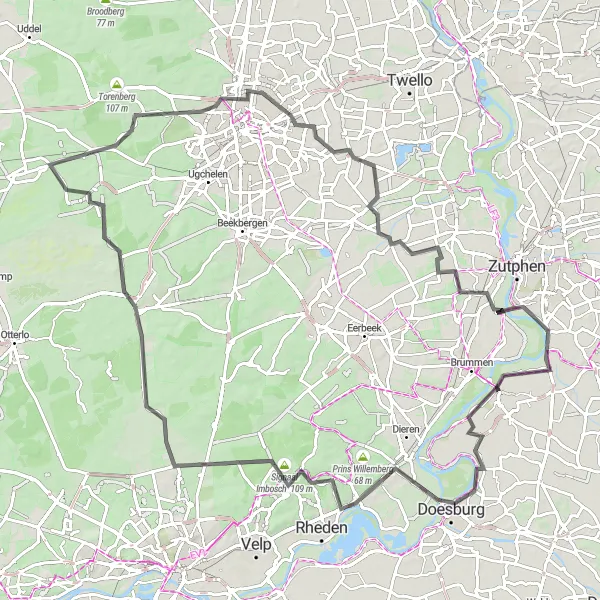 Map miniature of "The Ultimate Road Challenge" cycling inspiration in Gelderland, Netherlands. Generated by Tarmacs.app cycling route planner