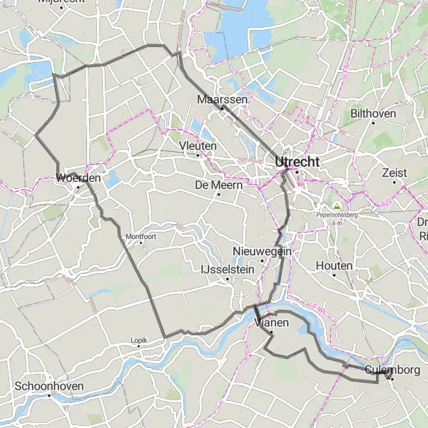 Map miniature of "Woerden Scenic Route" cycling inspiration in Gelderland, Netherlands. Generated by Tarmacs.app cycling route planner
