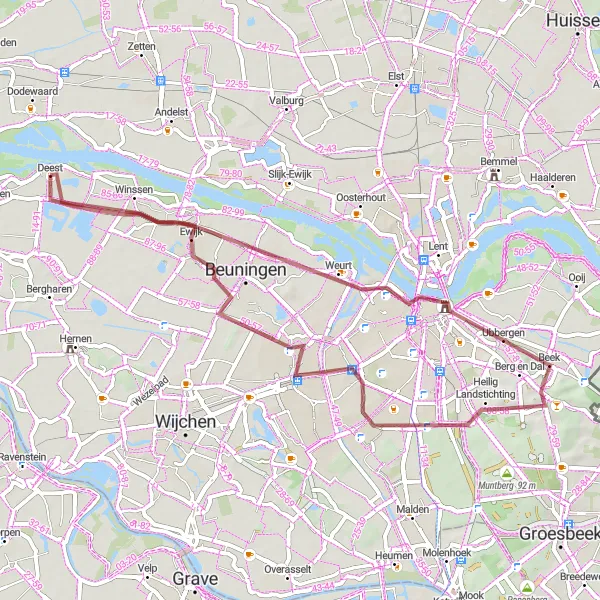 Miniatuurkaart van de fietsinspiratie "Gravelroute van Beuningen naar Deest via Ewijk" in Gelderland, Netherlands. Gemaakt door de Tarmacs.app fietsrouteplanner