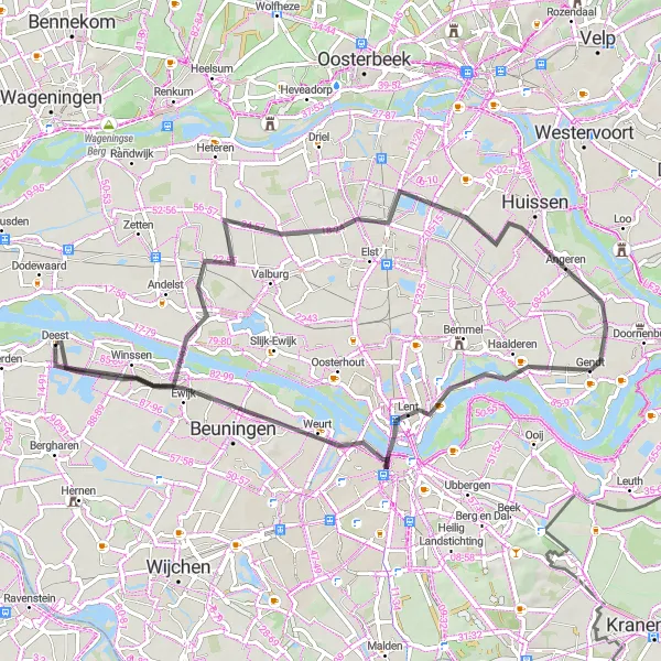 Miniatuurkaart van de fietsinspiratie "Fietsroute van Deest naar Gendt via Nijmegen" in Gelderland, Netherlands. Gemaakt door de Tarmacs.app fietsrouteplanner