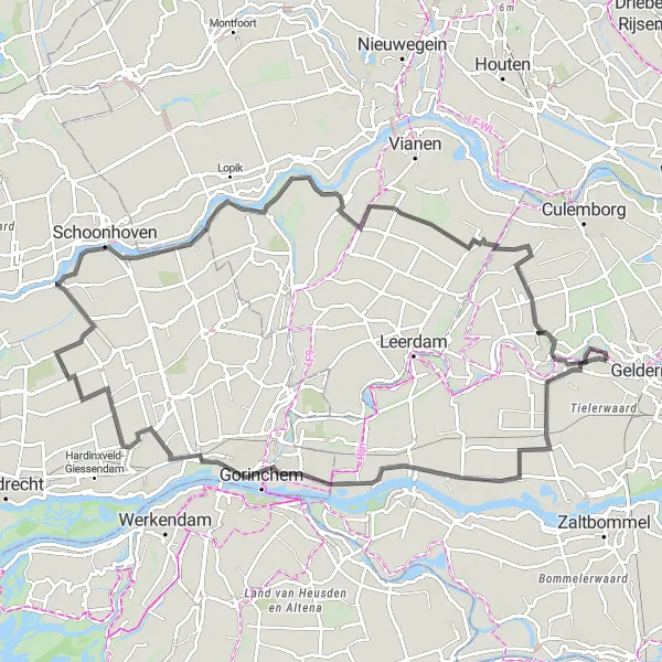 Map miniature of "The Herwijnen Countryside Loop" cycling inspiration in Gelderland, Netherlands. Generated by Tarmacs.app cycling route planner