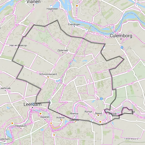 Miniatuurkaart van de fietsinspiratie "Rivieren en Rustieke Dorpen" in Gelderland, Netherlands. Gemaakt door de Tarmacs.app fietsrouteplanner