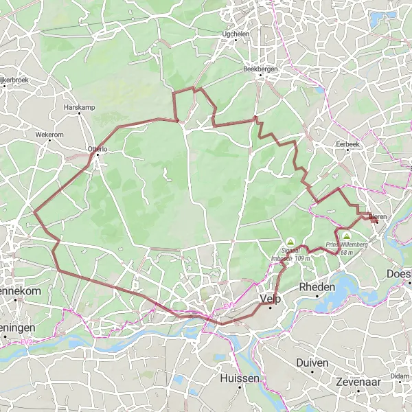 Map miniature of "Between Dieren and Otterlo" cycling inspiration in Gelderland, Netherlands. Generated by Tarmacs.app cycling route planner