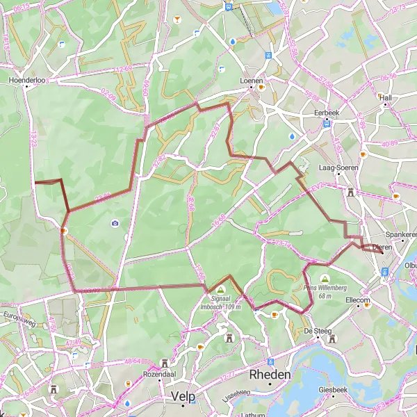 Map miniature of "Brandtoren and Coldenhove" cycling inspiration in Gelderland, Netherlands. Generated by Tarmacs.app cycling route planner
