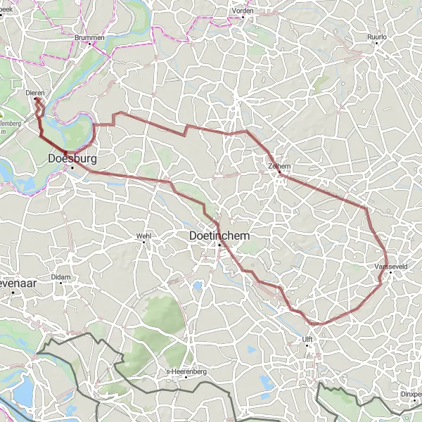 Map miniature of "Gravel Adventure Through Gelderland" cycling inspiration in Gelderland, Netherlands. Generated by Tarmacs.app cycling route planner