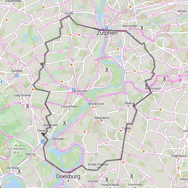 Miniatuurkaart van de fietsinspiratie "Ijssel Valley Road Cycling Tour" in Gelderland, Netherlands. Gemaakt door de Tarmacs.app fietsrouteplanner