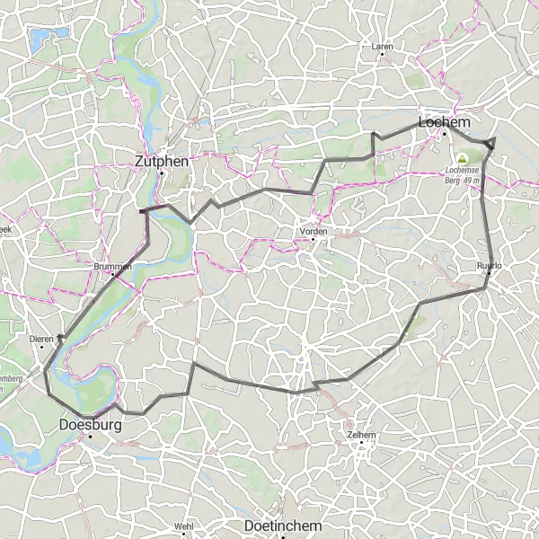 Miniatuurkaart van de fietsinspiratie "Rondje Leuvenheim-Lochem-Doesburg" in Gelderland, Netherlands. Gemaakt door de Tarmacs.app fietsrouteplanner