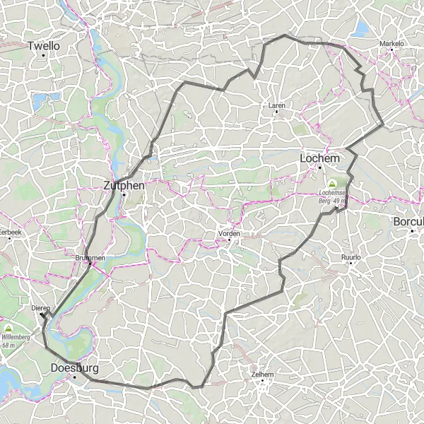 Map miniature of "Zutphen Loop" cycling inspiration in Gelderland, Netherlands. Generated by Tarmacs.app cycling route planner