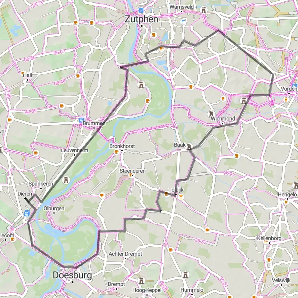 Map miniature of "Island Hopping Adventure" cycling inspiration in Gelderland, Netherlands. Generated by Tarmacs.app cycling route planner