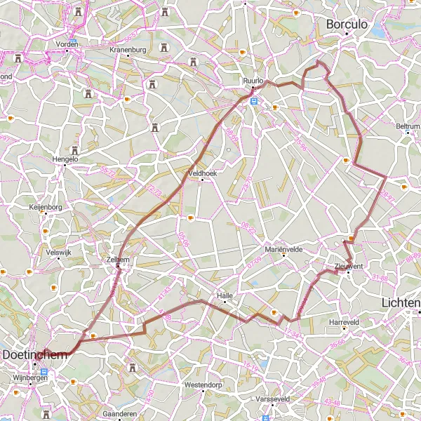 Map miniature of "The Gravel Adventure" cycling inspiration in Gelderland, Netherlands. Generated by Tarmacs.app cycling route planner