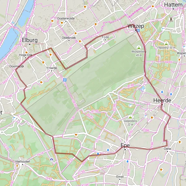 Miniatuurkaart van de fietsinspiratie "Gravelroute Oostendorp - Doornspijk" in Gelderland, Netherlands. Gemaakt door de Tarmacs.app fietsrouteplanner
