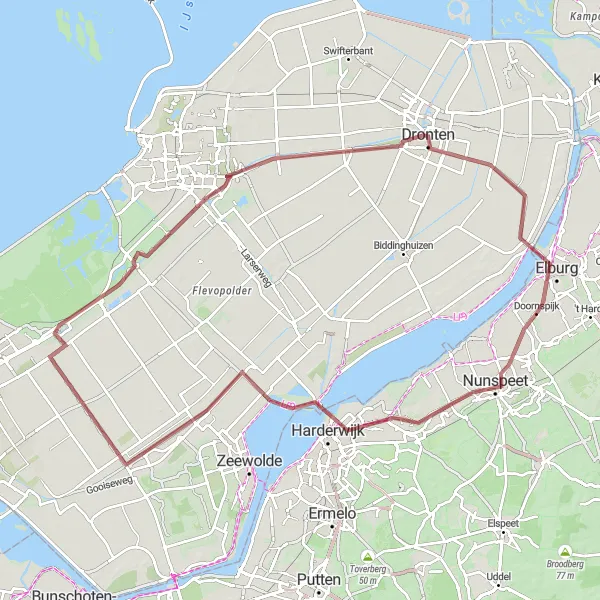 Miniatuurkaart van de fietsinspiratie "Lange Grindroute Harderwijk - Elburg" in Gelderland, Netherlands. Gemaakt door de Tarmacs.app fietsrouteplanner