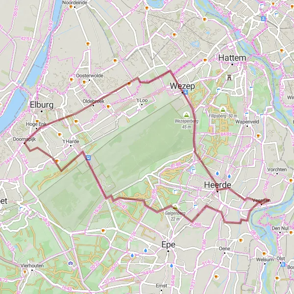 Miniatuurkaart van de fietsinspiratie "Gravelavontuur door de natuur van Gelderland" in Gelderland, Netherlands. Gemaakt door de Tarmacs.app fietsrouteplanner