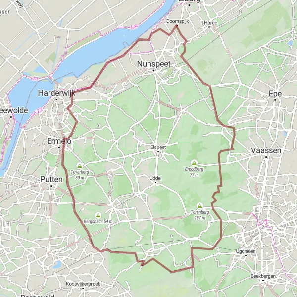 Miniatuurkaart van de fietsinspiratie "Het Verscholen Dorp en Kootwijkse Zand" in Gelderland, Netherlands. Gemaakt door de Tarmacs.app fietsrouteplanner