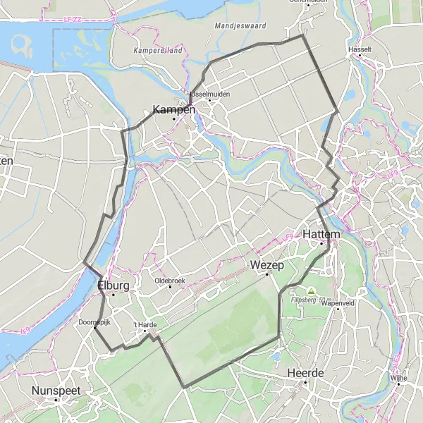 Map miniature of "The River Explorer" cycling inspiration in Gelderland, Netherlands. Generated by Tarmacs.app cycling route planner