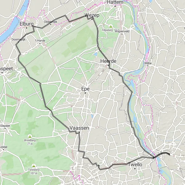 Map miniature of "De Loop van de IJssel" cycling inspiration in Gelderland, Netherlands. Generated by Tarmacs.app cycling route planner
