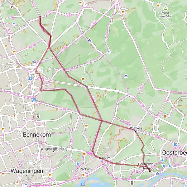 Miniatuurkaart van de fietsinspiratie "Gravelavontuur door de Uiterwaarden van de Rijn" in Gelderland, Netherlands. Gemaakt door de Tarmacs.app fietsrouteplanner