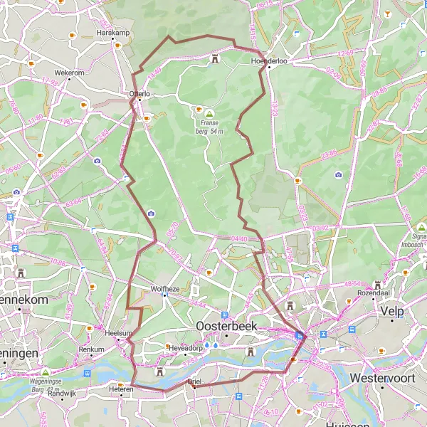 Map miniature of "Scenic Gravel Adventure with Natural Beauty" cycling inspiration in Gelderland, Netherlands. Generated by Tarmacs.app cycling route planner