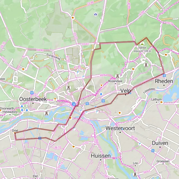 Map miniature of "Around Driel through Arnhem and Velp" cycling inspiration in Gelderland, Netherlands. Generated by Tarmacs.app cycling route planner