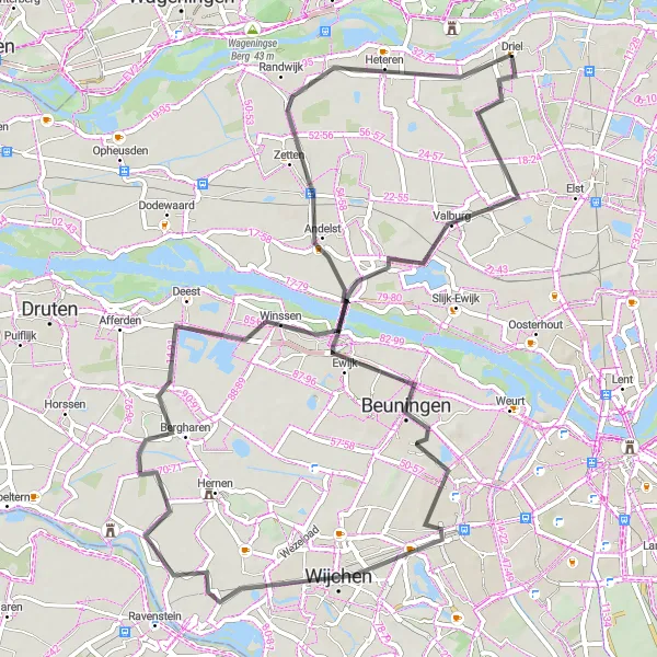 Map miniature of "Driel Exploration" cycling inspiration in Gelderland, Netherlands. Generated by Tarmacs.app cycling route planner