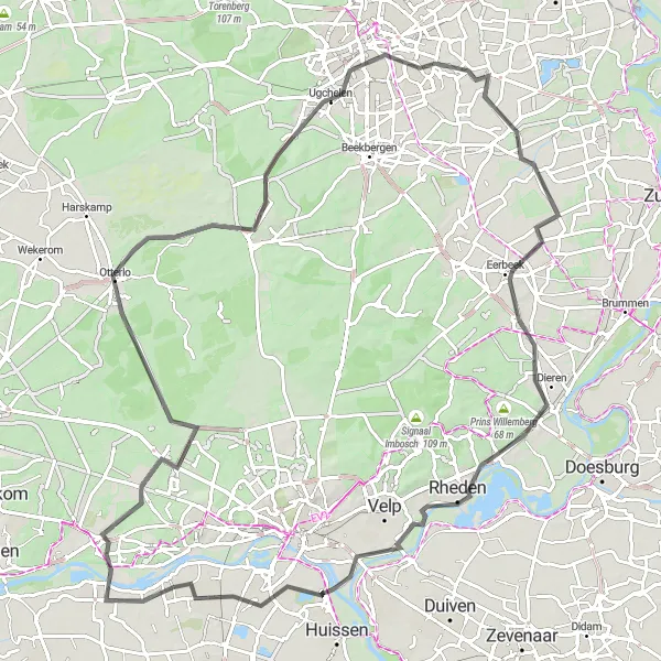 Map miniature of "Long Road Ride through Gelderland's Beauty" cycling inspiration in Gelderland, Netherlands. Generated by Tarmacs.app cycling route planner