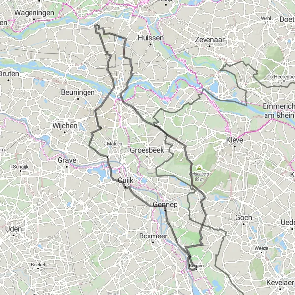 Map miniature of "Road Cycling Expedition to Nijmegen and Gennep" cycling inspiration in Gelderland, Netherlands. Generated by Tarmacs.app cycling route planner