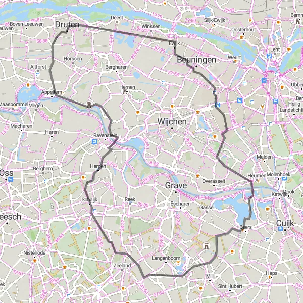 Map miniature of "Scenic Beauty and Historical Gems near Druten" cycling inspiration in Gelderland, Netherlands. Generated by Tarmacs.app cycling route planner