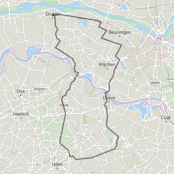 Map miniature of "1000 Hills of Gelderland" cycling inspiration in Gelderland, Netherlands. Generated by Tarmacs.app cycling route planner