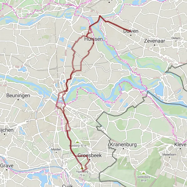 Miniatuurkaart van de fietsinspiratie "Avontuurlijke graveltocht langs Nijmegen" in Gelderland, Netherlands. Gemaakt door de Tarmacs.app fietsrouteplanner