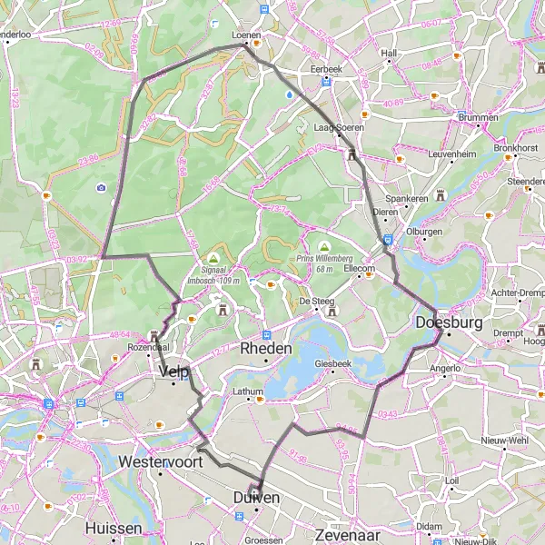 Miniatuurkaart van de fietsinspiratie "Rondje Duiven via Koningsberg en Laag-Soeren" in Gelderland, Netherlands. Gemaakt door de Tarmacs.app fietsrouteplanner