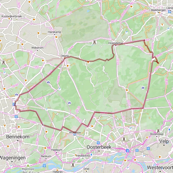 Miniatuurkaart van de fietsinspiratie "Gravelroute Otterlo - Ede via Woeste Hoeve" in Gelderland, Netherlands. Gemaakt door de Tarmacs.app fietsrouteplanner