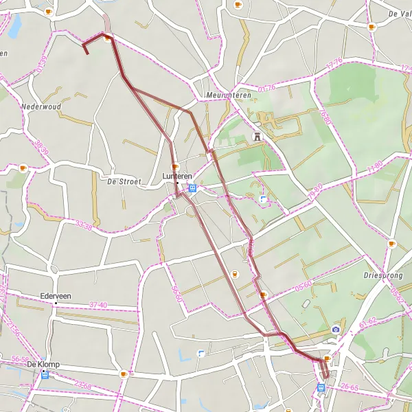 Map miniature of "Short Scenic Gravel Ride to Lunteren" cycling inspiration in Gelderland, Netherlands. Generated by Tarmacs.app cycling route planner