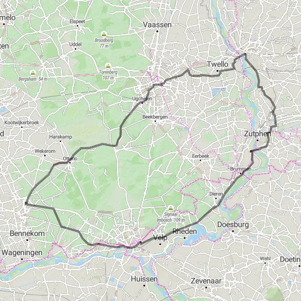 Map miniature of "Roekel and Beyond" cycling inspiration in Gelderland, Netherlands. Generated by Tarmacs.app cycling route planner