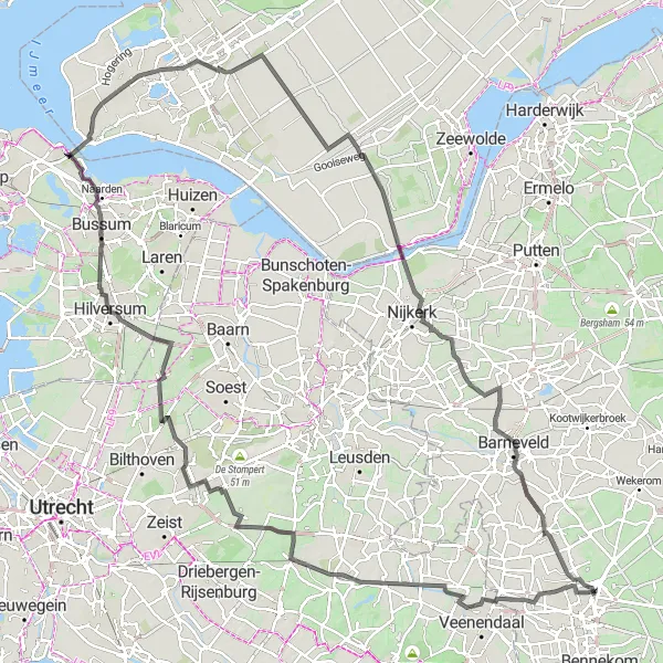 Map miniature of "Road Cycling Adventure from De Klomp to Lunteren" cycling inspiration in Gelderland, Netherlands. Generated by Tarmacs.app cycling route planner