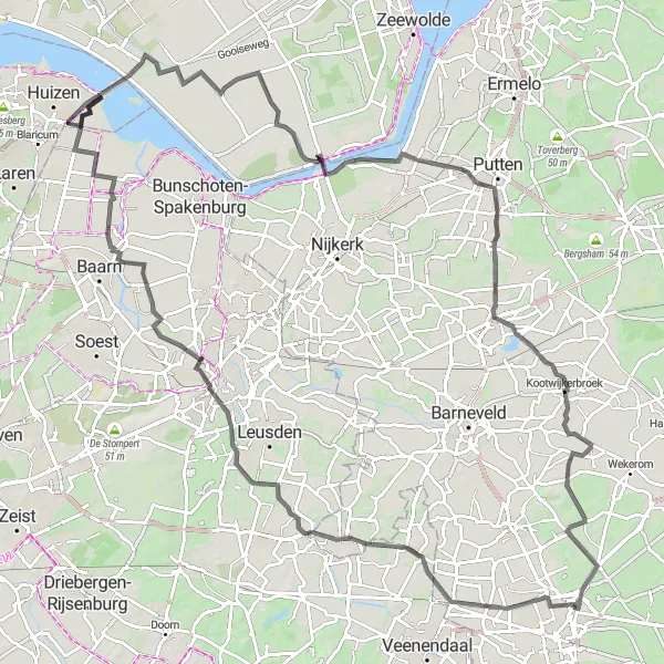 Map miniature of "Road Cycling Tour around Leusden-Zuid and Eemmeer" cycling inspiration in Gelderland, Netherlands. Generated by Tarmacs.app cycling route planner