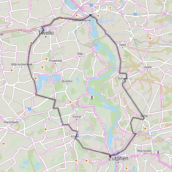 Map miniature of "Road Cycling Route: Eefde to Quatre Bras" cycling inspiration in Gelderland, Netherlands. Generated by Tarmacs.app cycling route planner